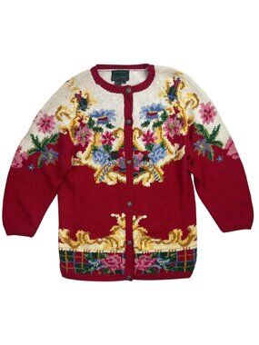Vtg Women's L Red Multi Floral Hand Knit Cardigan Cottagecore Granny Chic
